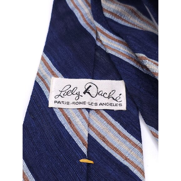 Vintage Lilly Dache Paris-Los Angeles Blue & Beige Striped Silk Tie - Picture 2 of 12